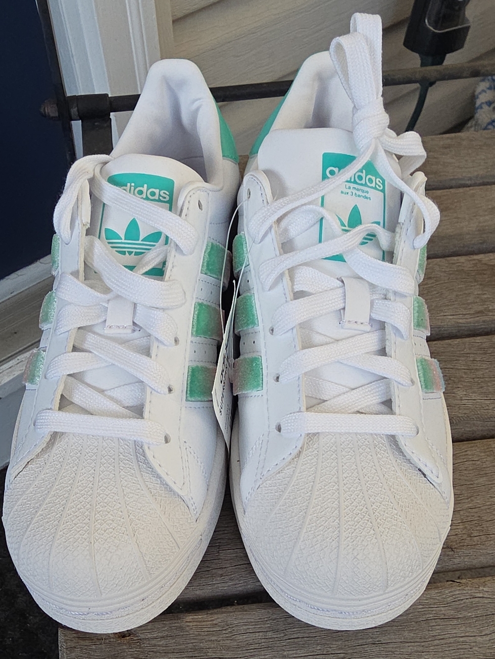 NWT Adidas Superstar Women’s White with Mint Green Stripes Sneakers - Size 5 1/2